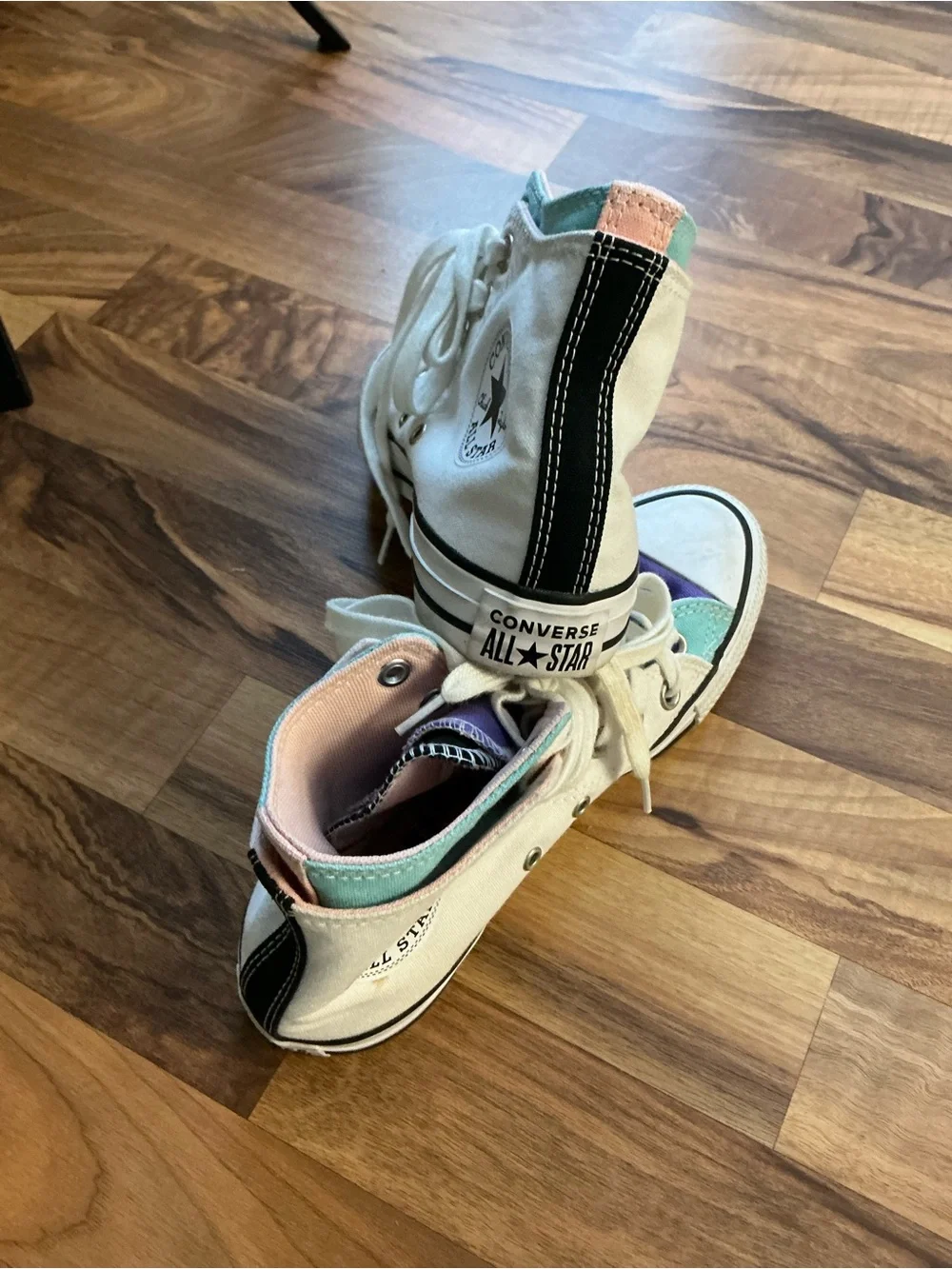 Converse White High Top Sneakers with Mint and Purple Accents